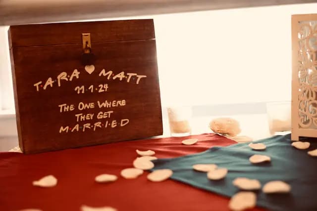 Wooden card box engraved Tara and Matt, The One Where They Get Married