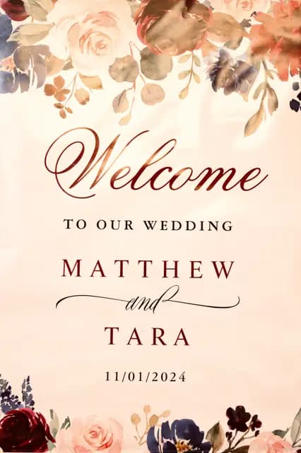 Floral welcome sign for Matthew and Tara's wedding, November 1, 2024