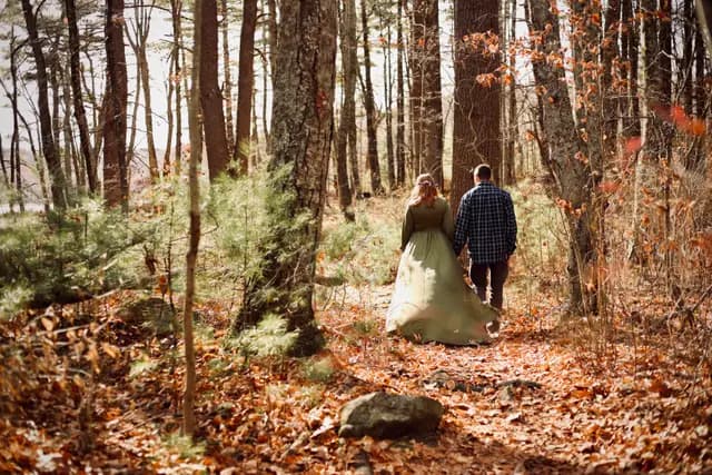 The trail carries them deeper into the sunlit woods
