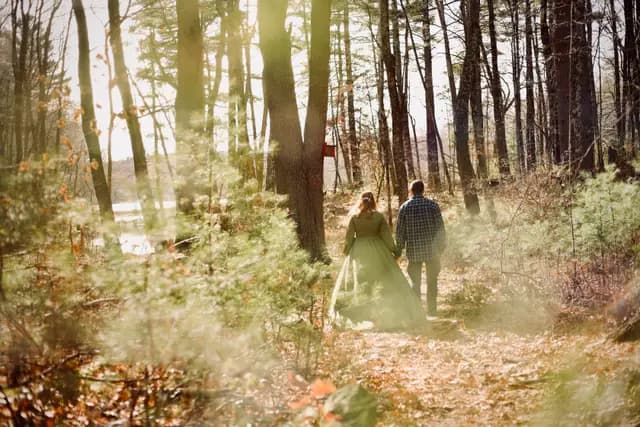 Sun flare over the couple wandering the pine-lined trail