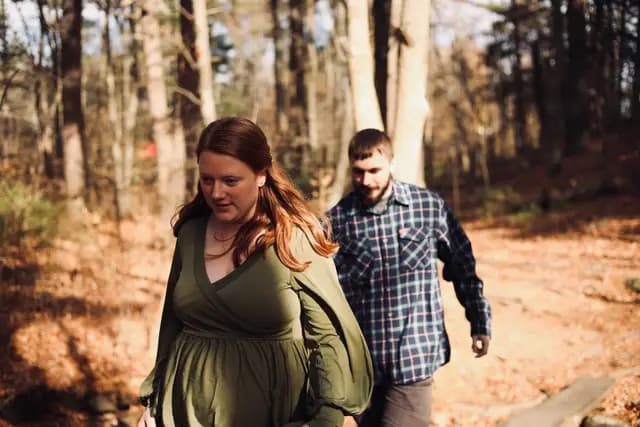 Walking the woods single file in the late-day sun